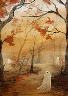 Autumn wall art: cute ghost in a misty forest, autumn mood.