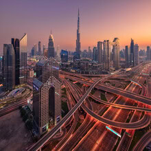 Wall art by Achim Thomae: Dubai skyline at sunset with skyscrapers
