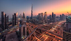 Wall art: panoramic view of the Dubai skyline at sunset