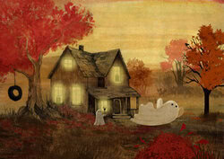 Wall art in autumn style: playful ghost among colorful leaves