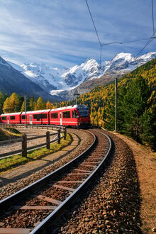 Fotokunst von Achim Thomae: Bernina-Bahn mit herbstlichen Lärchen und Gletscher im Hintergrund