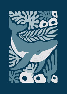 Abstract depiction of a whale in soft blue and green tones.