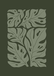 Illustration mit Monstera-Blättern in sanften Grüntönen, minimalistischer Stil.