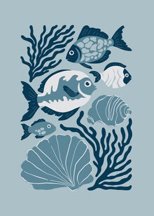 Wall art featuring abstract fish in soft colors and harmonious wave movements.