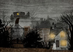 Illustration by Katherine Blower: mysterious gatekeeper in a dark landscape
