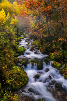 Photo art by Achim Thomae: autumn leaves and waterfall in Slovenia