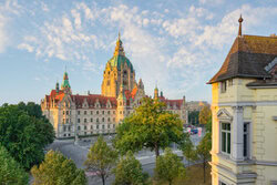Photo art by Michael Valjak: New City Hall in Hanover in the morning, soft light and clear lines.