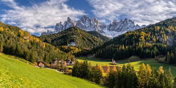 Poster by Achim Thomae: autumnal Dolomite landscape with colorful trees