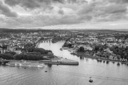 Black-and-white photo of Koblenz with a view of the German Corner.