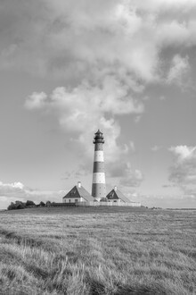 Lighthouse wall art: Westerheversand lighthouse in black and white with wide view
