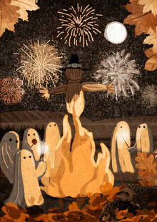 Illustration by Katherine Blower: Hedgehog with fireworks in an autumn scene