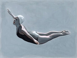 Illustration of an athletic woman diving in grey, evoking a nostalgic mood.