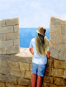 Wall art by Sarah Morrissette: girl peacefully gazes at the sea and the Acropolis.