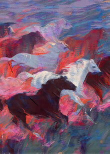 Wall art by Uma Gokhale: Abstract depiction of horses in soft burgundy hues.