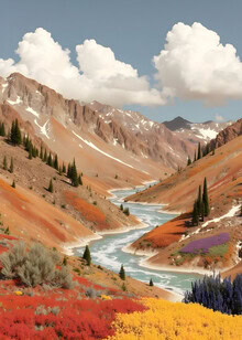 Wandbild von Uma Gokhale: sanfte Landschaft mit Bergen und träumerischem Tal