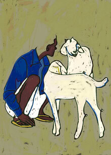 Wall art by Uma Gokhale: shepherd with sheep in a rustic setting, soft colors and calm mood.