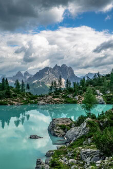 Acrylic Glass Print by Achim Thomae: summer landscape in the Dolomites with Lago di Sorapis