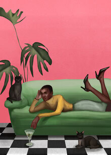 Illustration einer Frau mit Martini und Monstera-Pflanze, stilvoll und feminin.