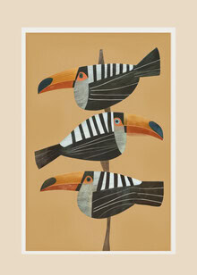 Illustrierte Darstellung eines tropischen Vogelpaares, sanfte Farben und harmonische Komposition