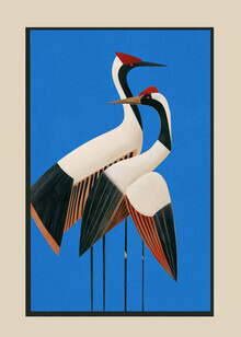 Abstrakte Kraniche in Blau, die ruhige Bewegung und geometrische Formen zeigen.