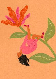 Illustration von Lemon Fee: fröhliche Darstellung einer schwingenden Frau mit Blumen.