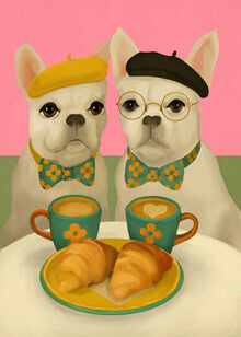 Witzige Illustration von Bulldoggen, die gemütlich in einem Frühstückscafé sitzen.