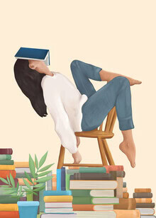 Illustration of a woman immersed in books, relaxed and modern atmosphere
