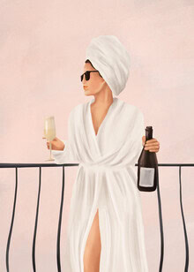 Illustration of a relaxed woman with champagne on a balcony in morning tranquility