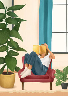 Illustration of a woman relaxing in an armchair, reading a book surrounded by plants.