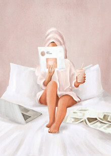Illustration by Branka Kodžoman: woman with coffee and newspaper in bed