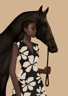 Illustration of a woman in bold print with a black horse, a calm and harmonious scene.