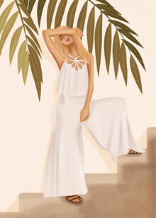 Illustration of a relaxed woman in warm summer colors, surrounded by palm leaves.