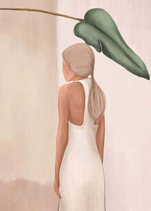 Illustration of a woman in a dress, soft lines and calming colors.