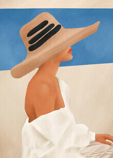 Illustration of a woman with a summer hat relaxing in the sun.