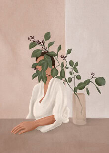 Illustration by Branka Kodžoman: Woman behind leaves, elegant and calm mood.