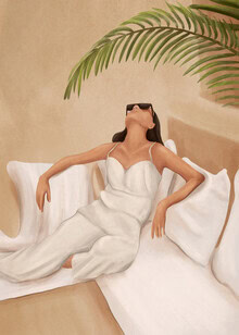 Illustration by Branka Kodžoman: Woman in a white dress enjoying summer heat under palm trees.
