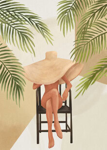 Illustration of a woman sitting under palm trees in a relaxed setting