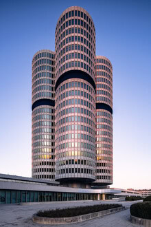Canvas Print by Achim Thomae: modern BMW headquarters in Munich at sunset