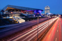 Canvas Print by Achim Thomae: architectural shot of BMW World at sunset in Munich