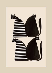 Minimalistische Illustration von Katzen in Schwarz und Weiß, verspielt und stilvoll.