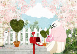Illustration by Katherine Blower: romantic garden scene with love letters