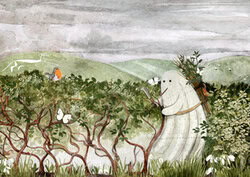 Wall art by Katherine Blower: a calm illustration featuring a robin in a landscape setting
