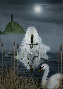 Photo art by Katherine Blower: swans at twilight over calm water