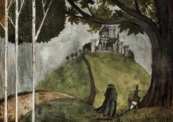 Wall art by Katherine Blower: romantic morning landscape featuring a maiden and a castle