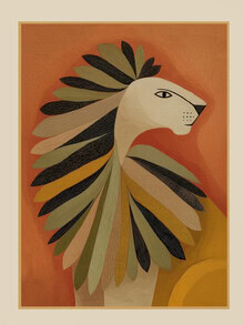 Poster of a lion with a mane of leaves, soft colors and organic shapes.
