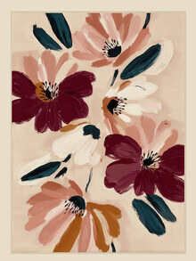 Wall art in soft pink and wine tones featuring floral motifs by Branka Kodžoman