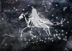 Photo art by Katherine Blower: ghostly horse with skeleton at night