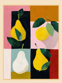 Still life illustration of modern pears in soft colors and harmonious composition.