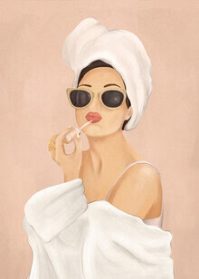 Illustration of a woman preparing for her morning beauty routine