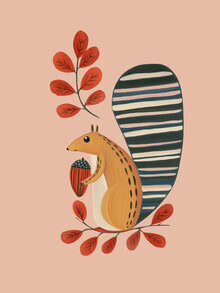 Wall art featuring a squirrel illustration among pink autumn leaves.